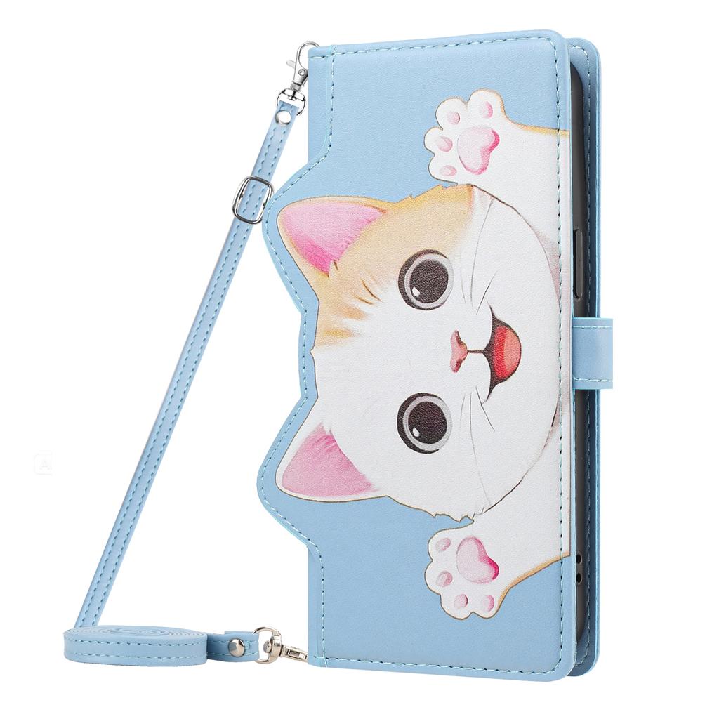 Crossbody Cute Cat Leather Long Rope Cards Slot Wallet Case for iPhone 17Pro Max 16 15 14 13 12 11 Shockproof For Magsafe Cover
