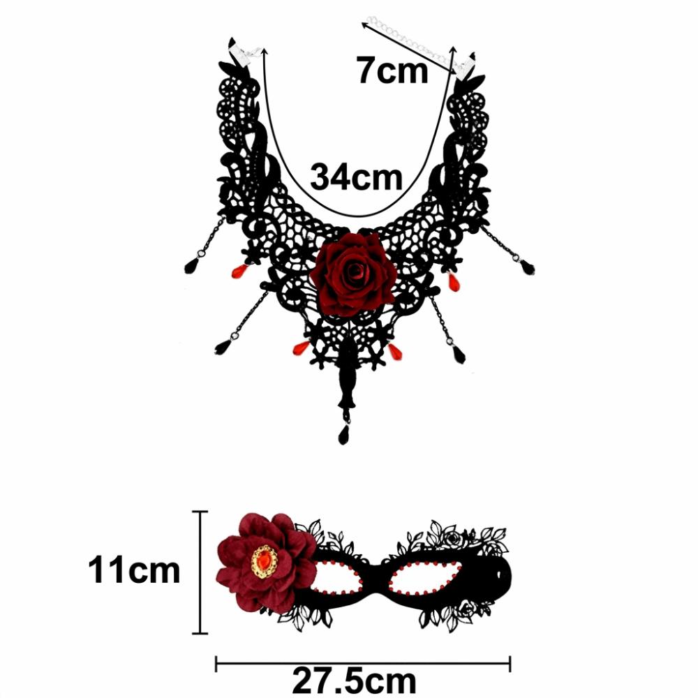 1 Set Dark Gothic Masquerade Mask Red Rose Gothic Choker Necklace Halloween Party