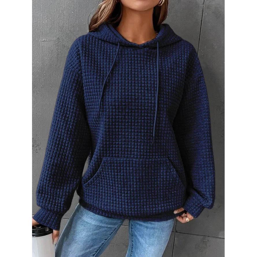 Women Oversized Waffle Sweatshirts Autumn Winter Female Tie Collar Hoody Pullover Pocket Hooded Coats