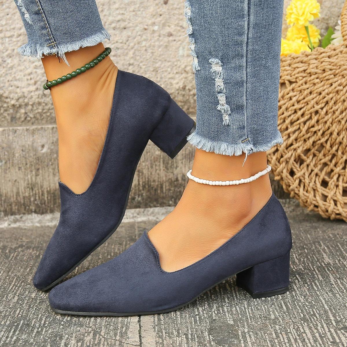 

2024, женская обувь высокого качества, женские туфли без шнуровки на высоком каблуке, модные однотонные туфли для офиса и карьеры, лидер продаж, туфли на квадратном носке Womenzapatos 41 темно-синий