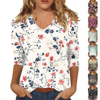 Women's Tops Three-quarter Sleeve Shirt V-neck Loose Casual Shirt Floral Print T-shirt