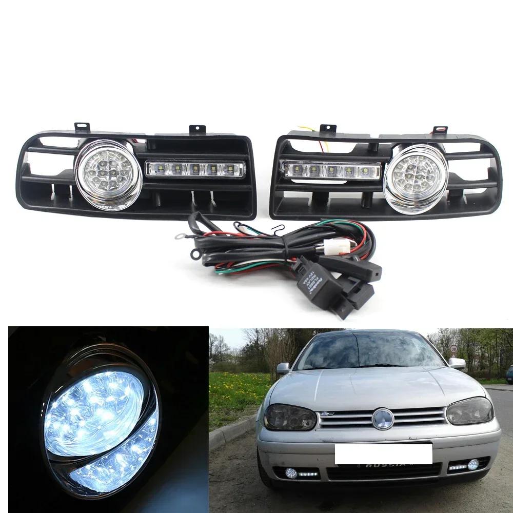 1 Pair Car Front Bumper Headlight Sport Grill Kidney Running Lights For VW GOLF MK4 1997-2006 With LED DRL Fog Lamp Accessories
