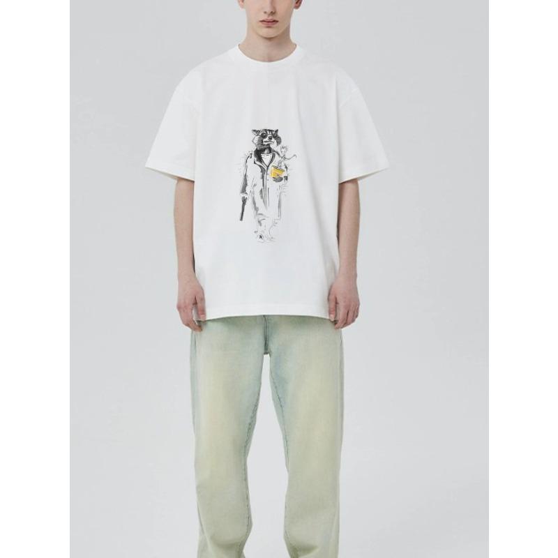 Black T Shirt with Raccoon In Suit Holding Cup and Gun Print for Casual Wear