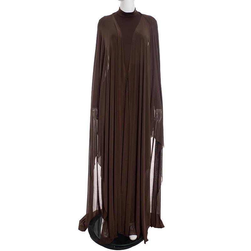 European & American Women's Backless Long Sleeve Pullover Dress with Mesh Shawl - Slimming Two-Piece Set
