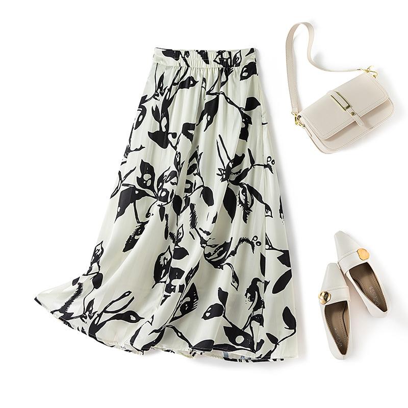 Ink-And-Wash Print High-Waisted Skirt Women's Summer Elegant French Retro Design Sense A-Line Midi Skirt