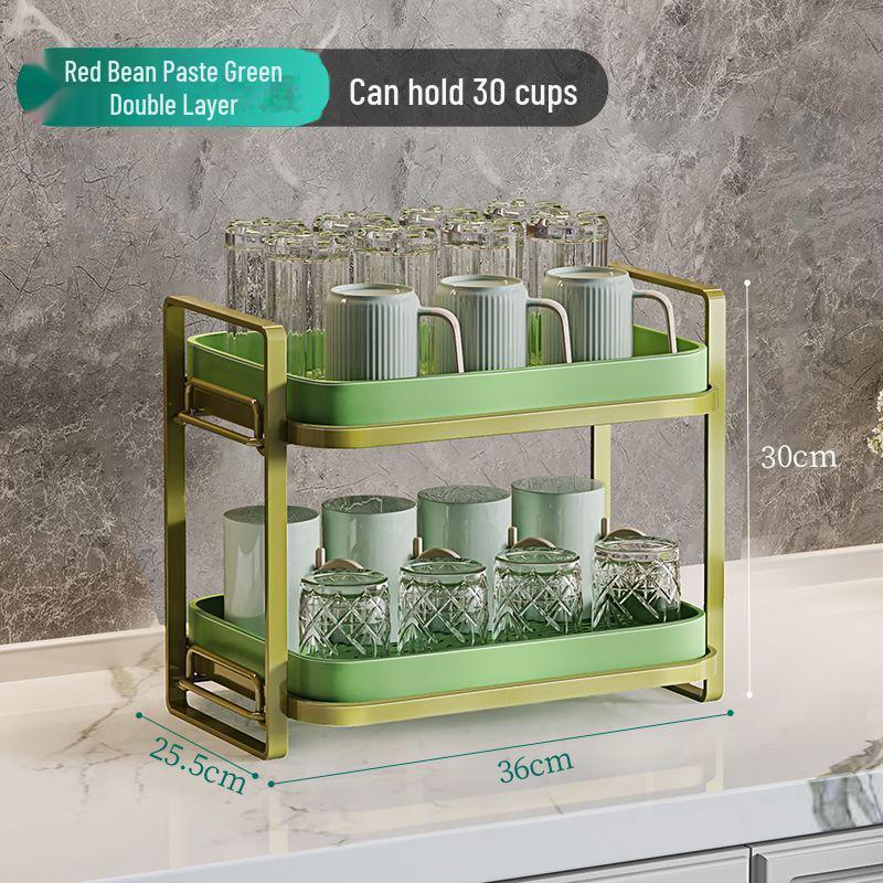 Двухуровневая стойка для хранения чашек с поддоном для слива чашек и чайных сервизов double-layer gold frame + light green plate зелёный