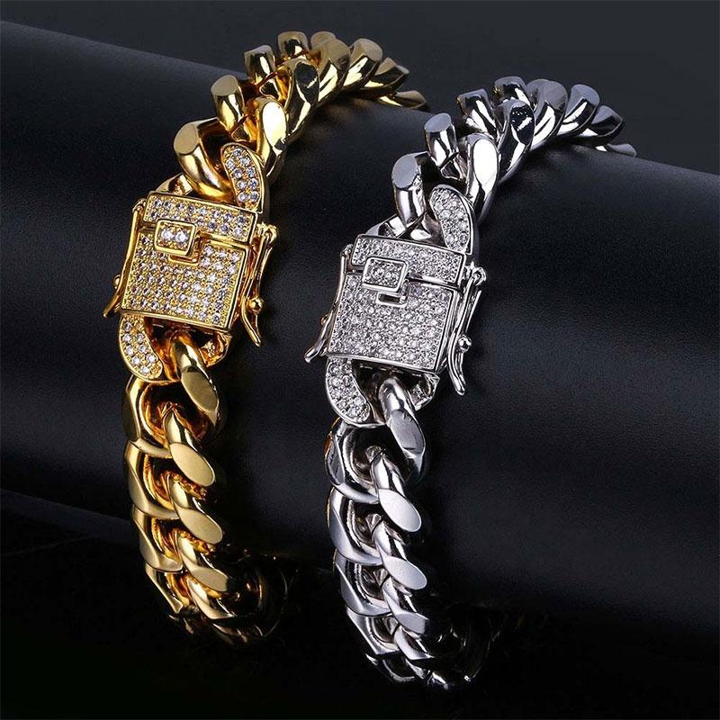New Hip Hop Bracelet Gold Silver Color Cubic Zirconia Stone Buckle 12mm Width Cuban Chain Bracelets Charm Jewelry for Men Women