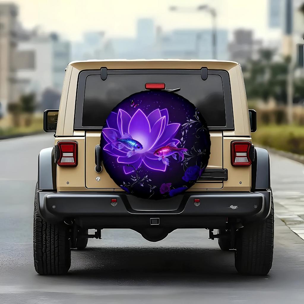 Neon Lotus Fish Tire Cover Durable Polyester Spare Wheel Protector for SUV and