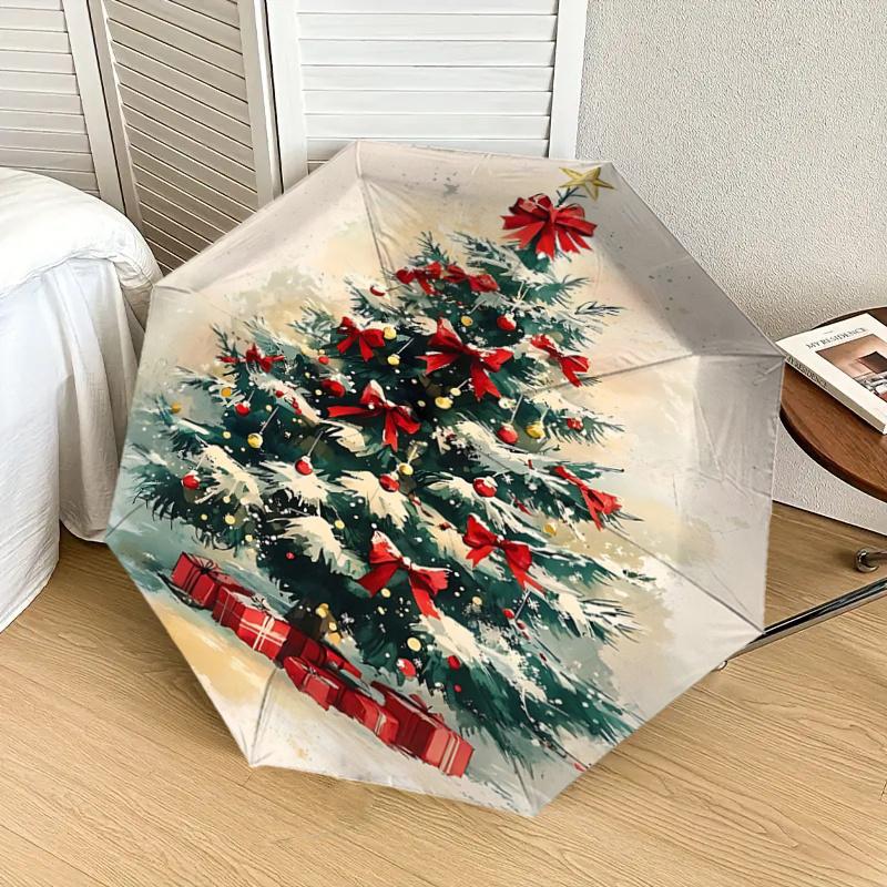 Christmas Tree with Red Bow Decorations - Automatic Opening Umbrella, Portable Folding Design, 8-Bone Iron Frame, Outdoor Rain Shelter, Fest