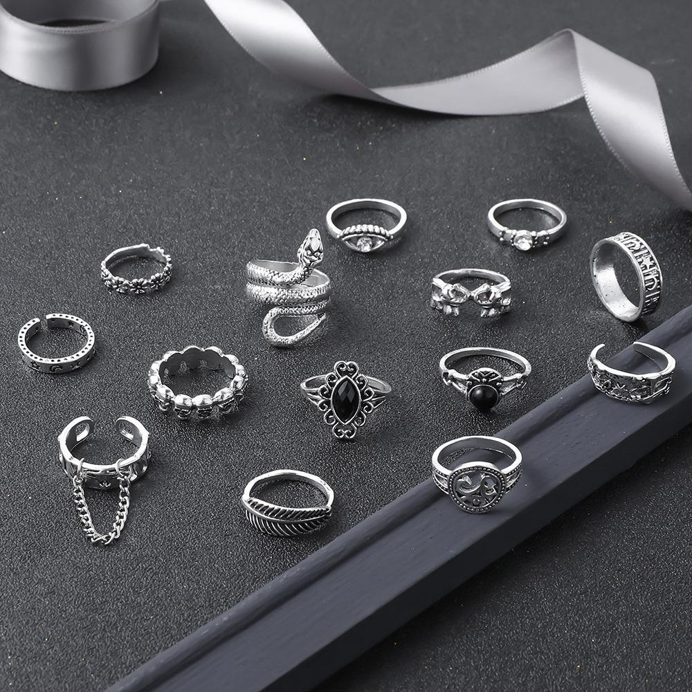 14-Piece Women's Ring Feather Flower Snake Hollow Ring Vintage Personality Accessories