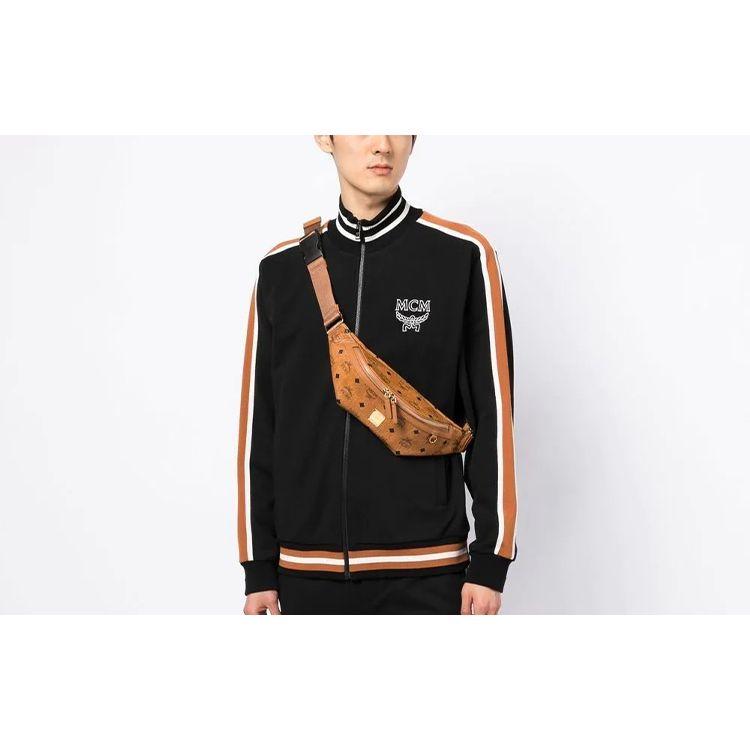 MCM Cognac Visetos Monogram Leather Belt Bag with Adjustable Strap & Gold Hardware for Daily & Street Style Use