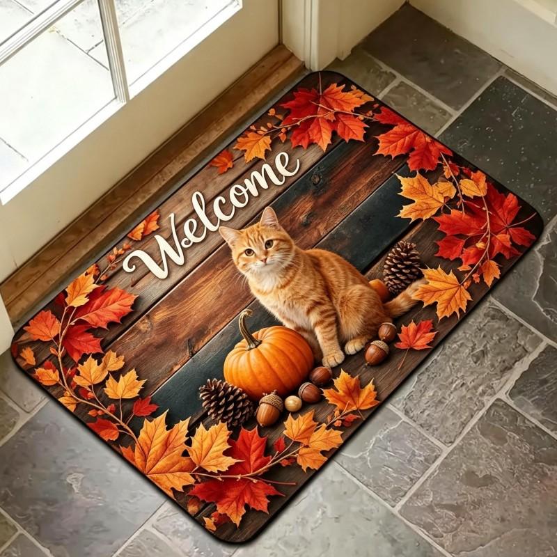 Autumn Maple Welcome Mat Wooden Plank Pumpkin Berry Print Non Slip Washable Floor Mat For Seasonal Front Porch Decoration