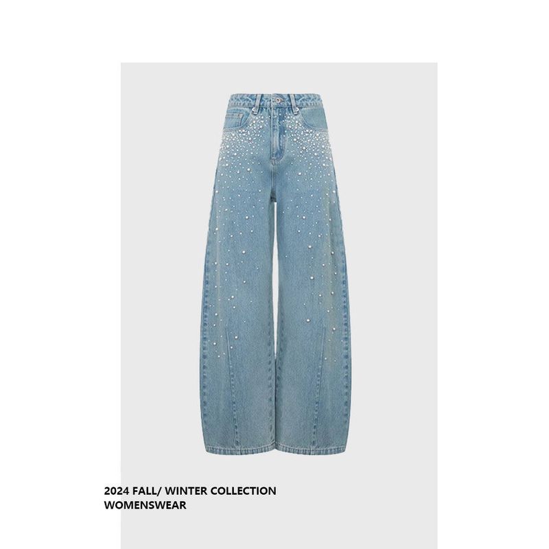 Forever 21 American Retro Blue Wide-Leg Loose Fit Curved Jeans with Pearl Embellishments, Distressed Denim, 2026 Summer New Model