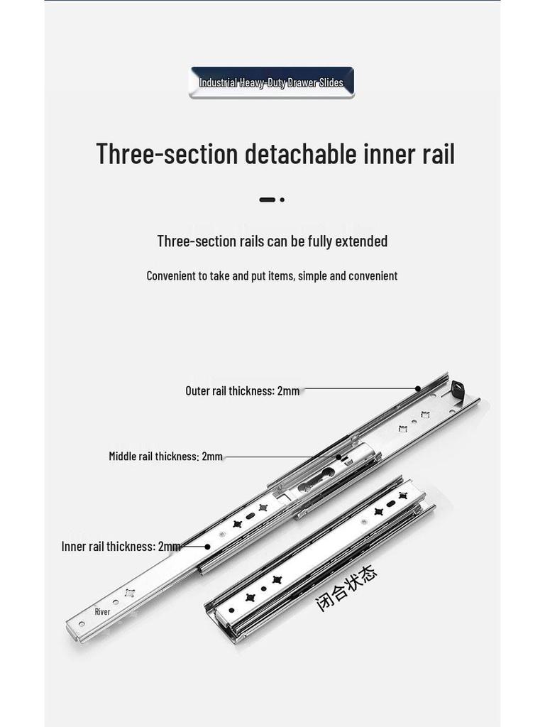 53" Heavy-Duty Industrial Drawer Slide with Lock, High Load, 100kg Capacity, Three-Section, Self-Locking Design