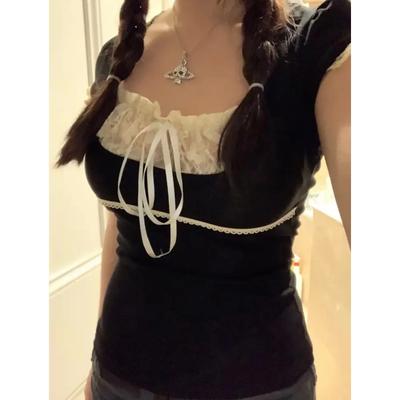 Coquette Dantela Crop Tricouri Femei Sweet Girl Fundă Topuri estetice Stil japonez al anilor 2000 Tricouri cu mânecă scurtă Y2k Vara 2024