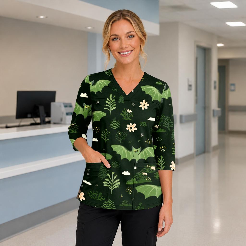 Womens V Neck Halloween Print Medical Scrub Top with Three Quarter Sleeves Side Slits and Front Pocket Nursing Uniform Shirt