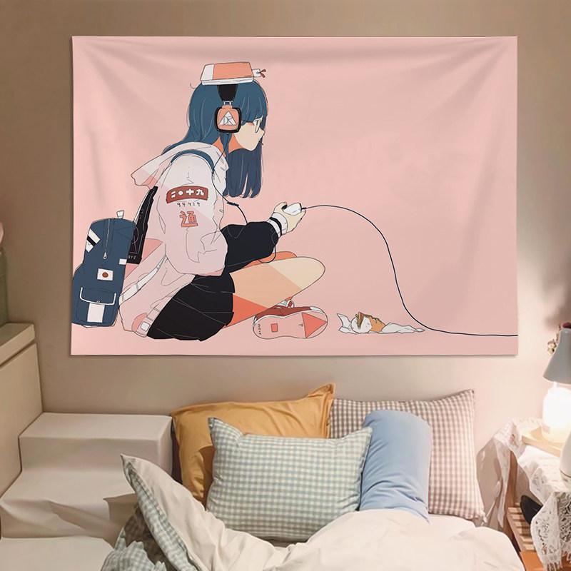 Japanese Style Cute Girl Illustration Tapestry Decorative Wall Art for Bedroom Dormitory Headboard Creative Living Room Decor