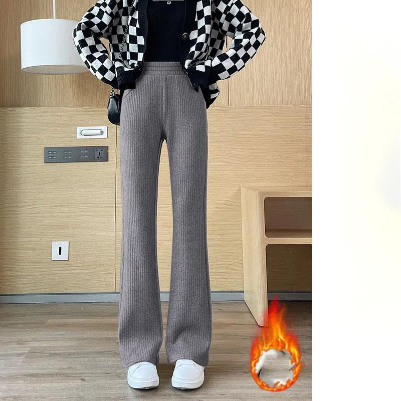 Warm Thicken Plus Velvet Flare Pants Winter Elegant Womens Pantalones Korean Fashion High Waist Slim Plush Lined Trousers 90Cm