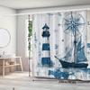 Leuchtturm & Segelboot Duschvorhang – Abgenutzte Nautische Illustration Mit Kompass Auf Holzoptik-Hintergrund, 12 Haken