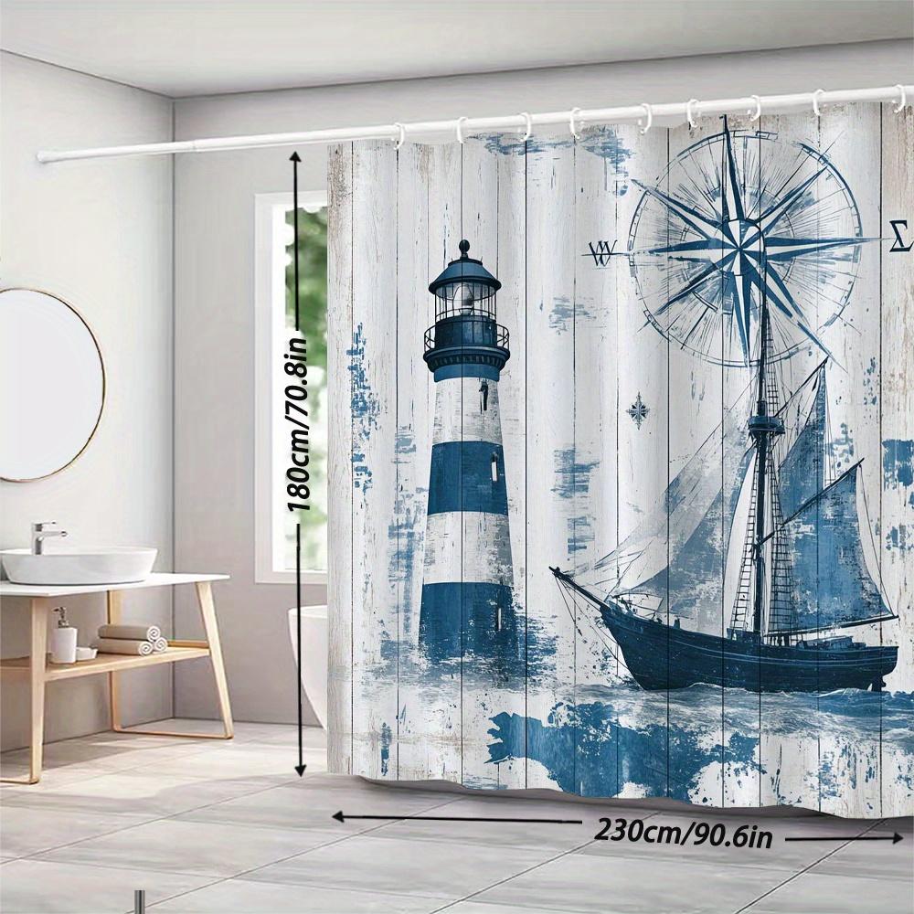 Leuchtturm & Segelboot Duschvorhang – Abgenutzte Nautische Illustration Mit Kompass Auf Holzoptik-Hintergrund, 12 Haken