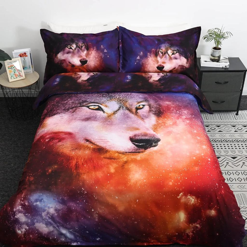 Black Wolf Moon Duvet Cover Set Wolf Howling Bedding Sets for Boys Vintage Oil Paint Wild Animal Bed Sets Purple Blue and Black