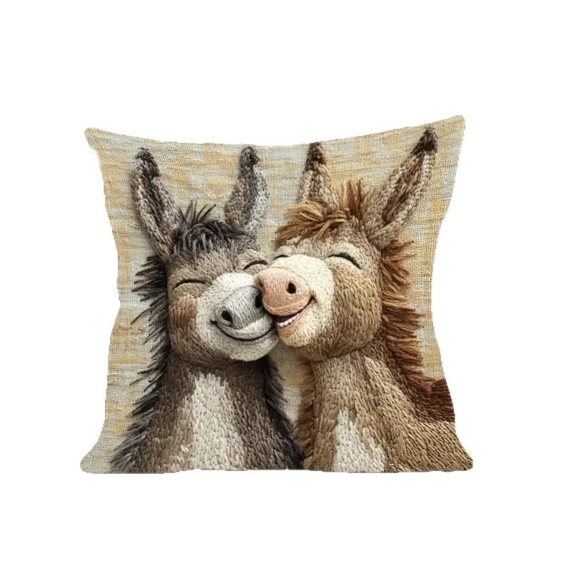 Housse de coussin décorative mignonne d'âne de dessin animé vintage en peluche courte douce pour canapé