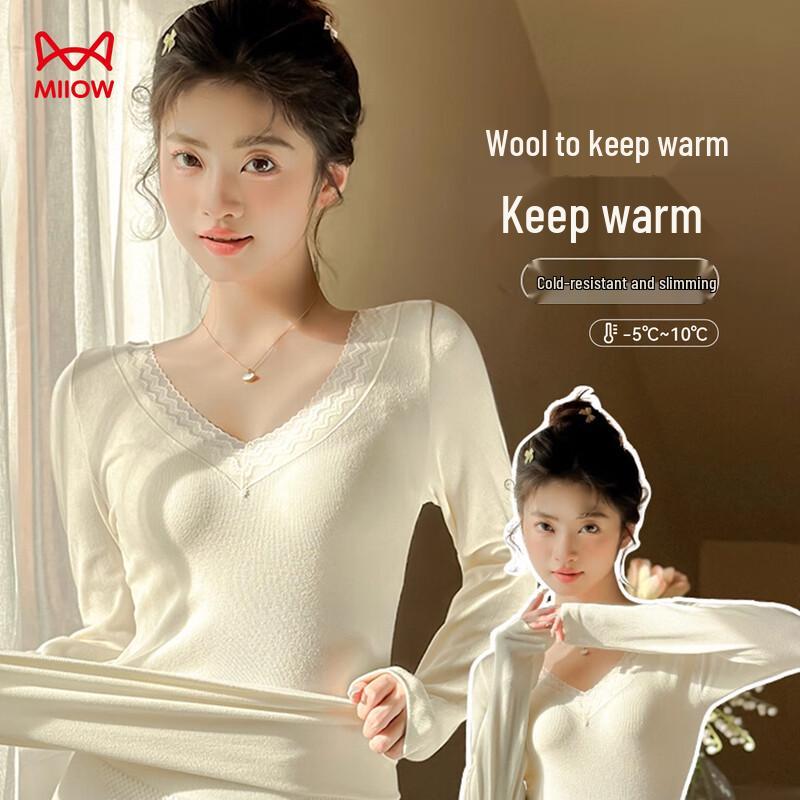 

Женский термокомплект из шерсти с кружевом и V-образным вырезом Mao Ren L