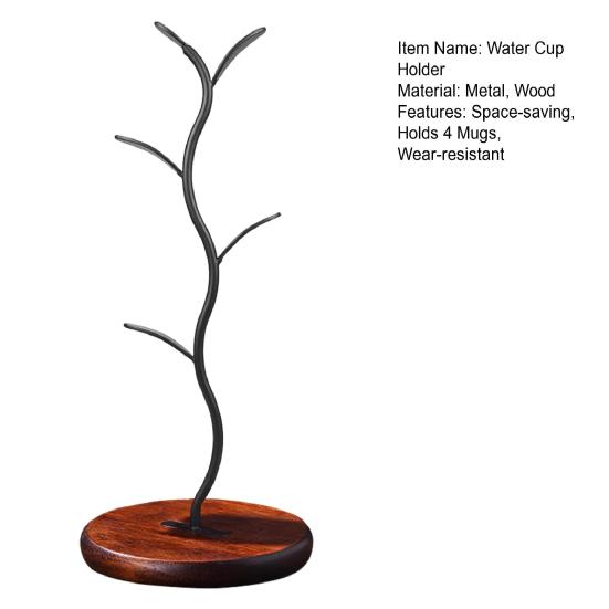 Porte-tasses En Forme D'arbre (support Mural/suspendu) - 4 Crochets, Base En Bois, Métal Noir, Hauteur 40cm