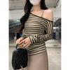 Kumikumi Idle Style Stripes Oblique Shoulder Long Sleeves T-shirt Female Fall Slim Fit Inner Wear Sling Dress Two-piece Set