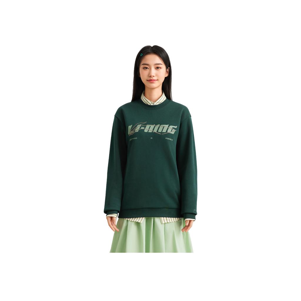 Li Ning Sports Lifestyle Series Fleece Warm Round Neck Letter Loose Sweatshirt Unisex Sweatshirt Forest-Green AWDVC63-1
