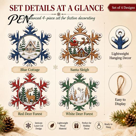 Wooden Snowflake Ornaments for Holidays 4 Pcs Christmas Ornaments, Rustic Hanging Decoration with Vintage Style Tree Pendants Elk Village House Design