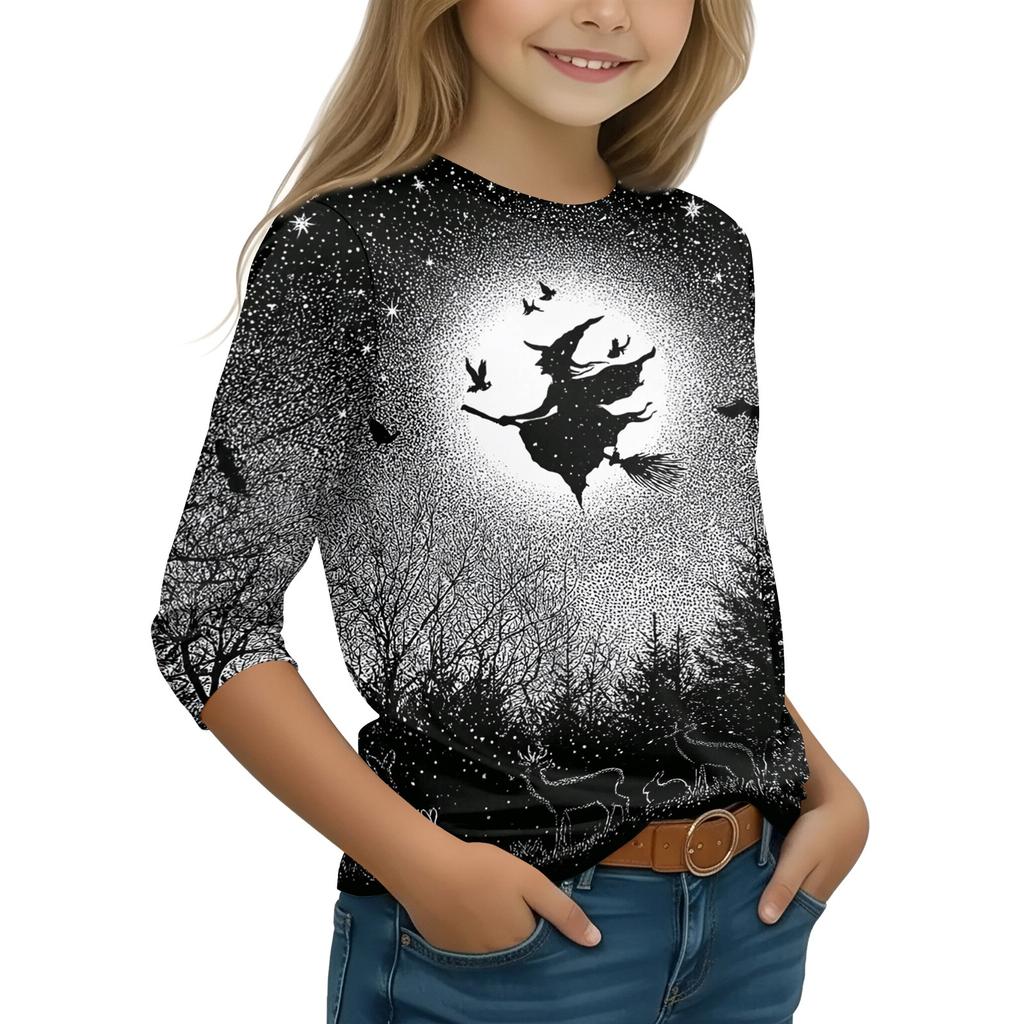 Kids Halloween Printed T-Shirt with Pumpkin Witch Design, 7/8 Sleeve Round Neck Top for Daily Wear