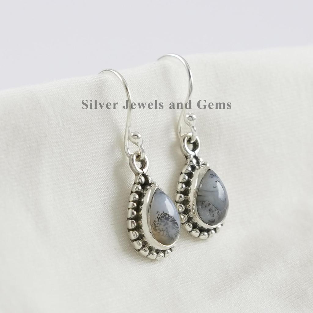 Dendrite Opal Sterling Silver Earrings: Handmade Teardrop Gemstone