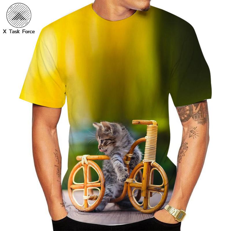 Summer Round Neck 3D Cat Printed Top Fashionable Casual Short Sleeved Men's T-shirts