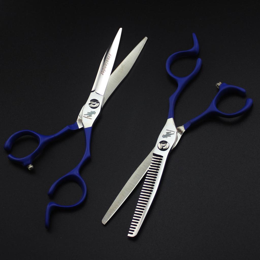 6.0" Blue Notched Handle Hairdressing Scissors - Straight and Serrated Shears for Bangs