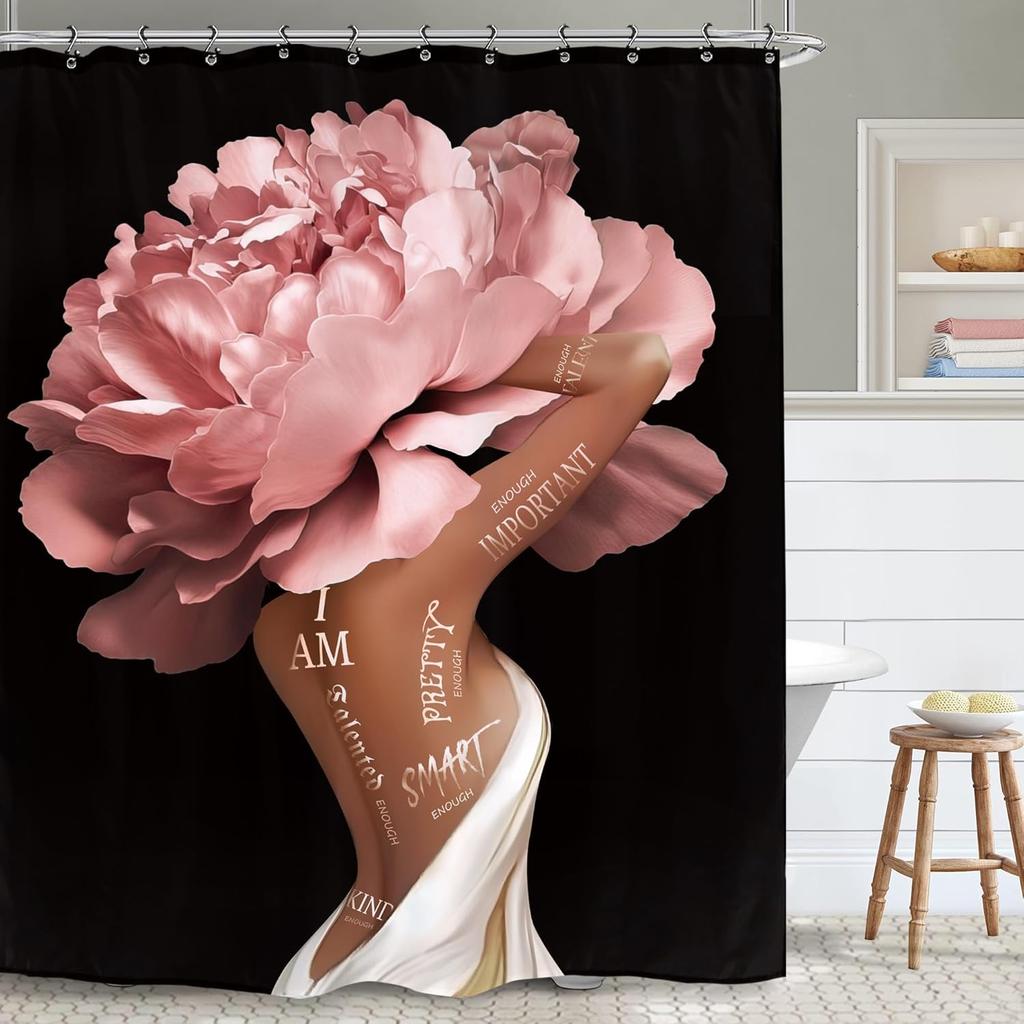 African American Flower Shower Curtain, Black Girl Marble Design, Inspirational Motivational Print, Waterproof Polyester