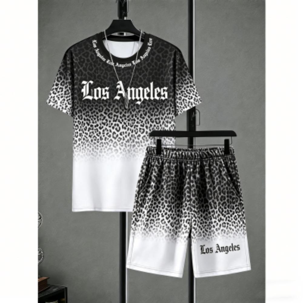 Men's Set Letter Leopard Colorful Printed Men's T-shirt and Shorts 2 Piece Set Summer Casual Outdoor Plus Size Men's and Women's T-shirt Sets