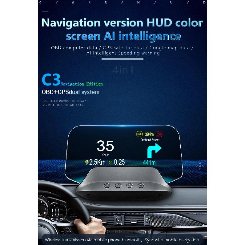C3 Navigation Mirror  HUD Car Head up Display with OBD2 HD GPS Navigation Bluetooth Windshield Speed Projector Security Alarm