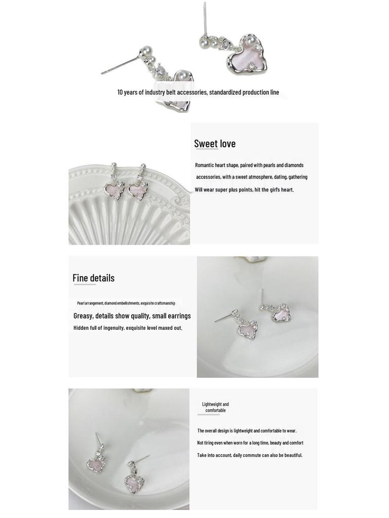 S925 Silver Needle Pink Heart Earrings - Gold Plated Brass with Drip Oil, Zircon, and Pearl Accents. Cute and Sweet Studs.