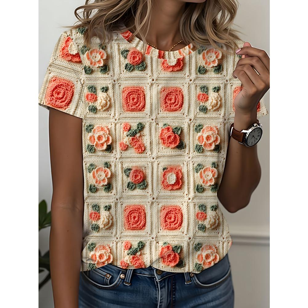 

Large Size Women S Digital Printed Short Sleeved T-shirt Crew Neck Slight Stretch Fabric, Regular Sleeve, All Seasons XL