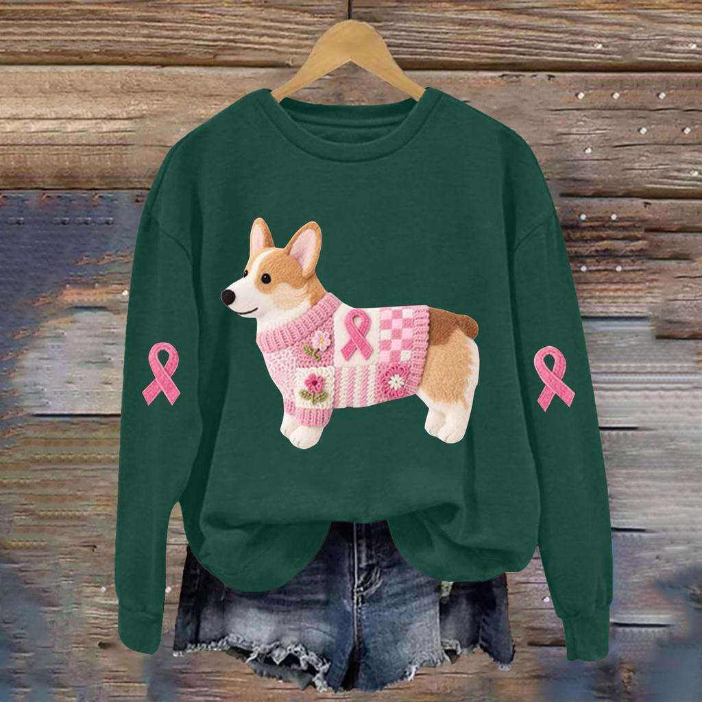 Breast  Sweatshirts For WomenRibbon Breast  Shirt Cute Dog Graphic  Long Sleeve Tops