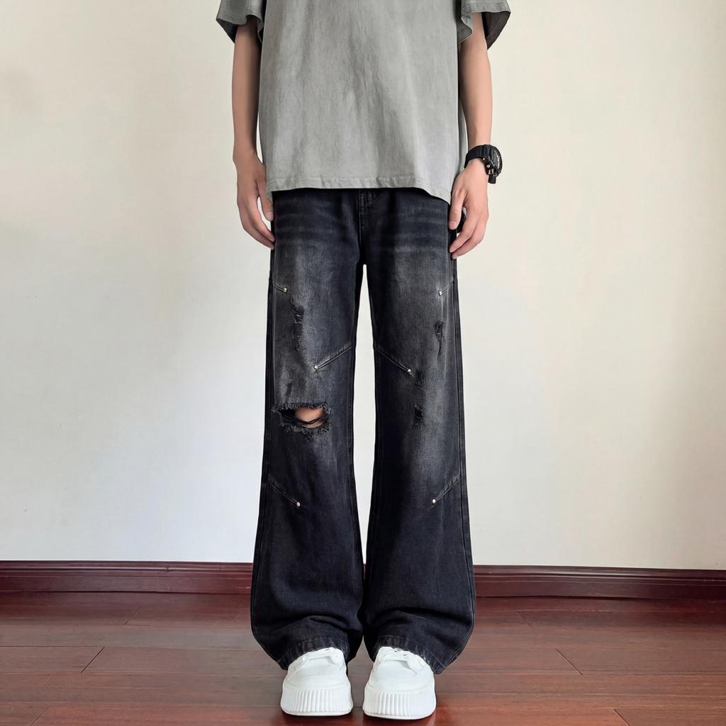 Summer American High Street Ripped Jeans Men's Wide-leg Floor-mopping Pants Thin Breathable and Thin Versatile Casual Men's Pants