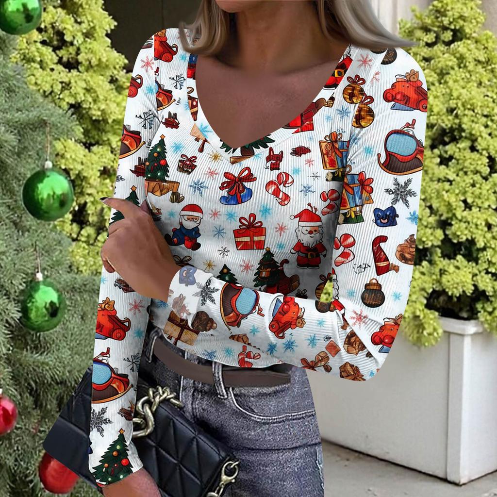 Dámské zimní přiléhavé základní tričko Módní vánoční potisk Výstřih do V Pulovr Top s dlouhým rukávem