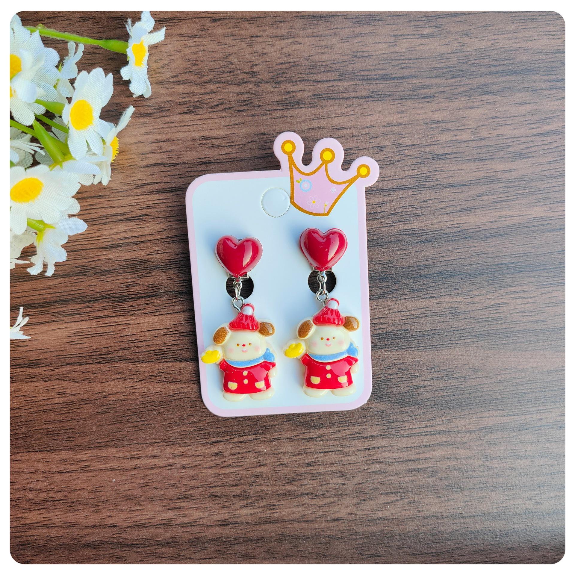 Chinese New Year Rabbit & Red Heart Clip-On Earrings for Girls