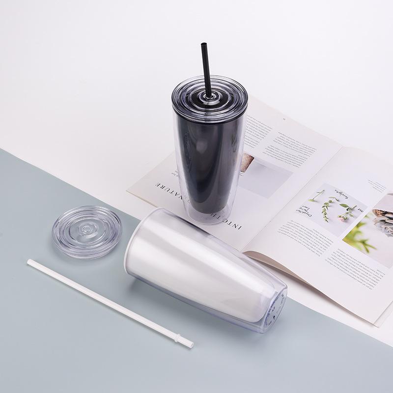 Double-Layer Plastic Cup Straw Cup 750Ml Simple Milk Tea Water Cup Large-Capacity Household Drinking Water Cup