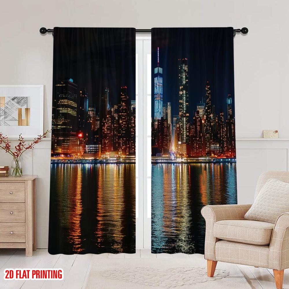 2pcs,2D Plane Printing Contemporary Curtains City Glow Versatile 100% Polyester (without Rod) Decorations For Home Use for