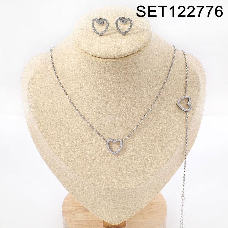 European Diamond-Accented Heart Jewelry Set: Necklace, Bracelet & Earrings in Titanium Steel for Women's Luxurious Style.