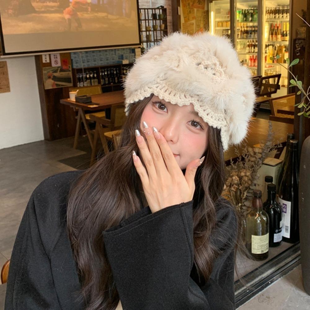 Korean Style Hand Crochet Cap Plush Faux Fur Hat Luxury Mesh Cap Women