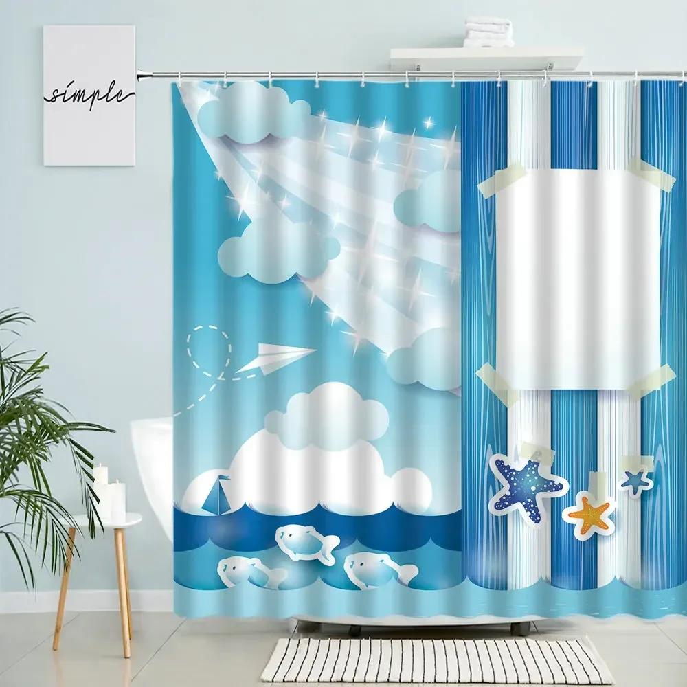 Cartoon Ocean Wave Shower Curtain Mediterranean Sea Navigation Abstract Creative Theme Kid Bathroom Waterproof Screen Home Decor