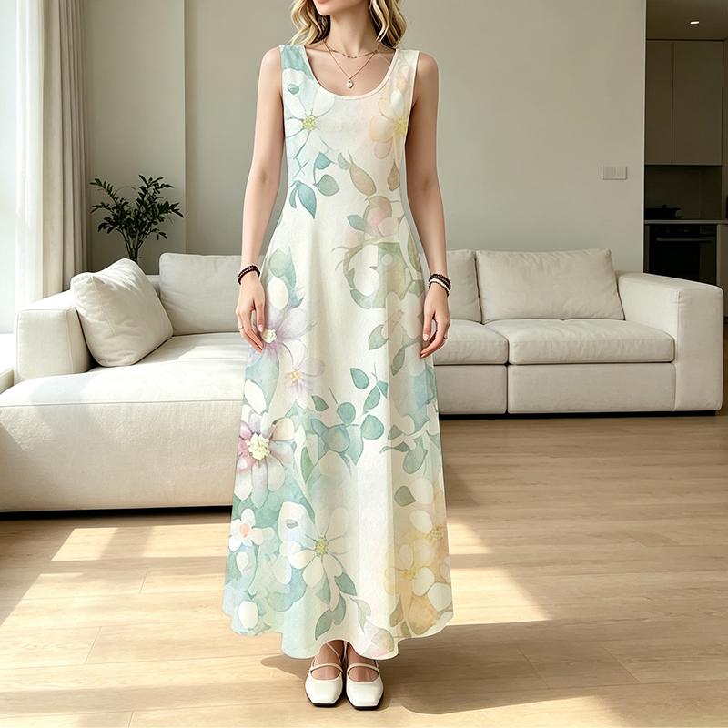 Sleeveless Maxi Dress,Women U Neck Sundress,Green Leaves Floral Watercolor Print,Loose A Line Silhouette,Summer Beach Outfit,Holiday Flowy Long Gown